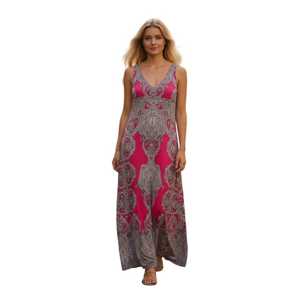 INC Int'l Concepts Pink Paisley Boho Romance Maxi Dress M Sleeveless V-Neck